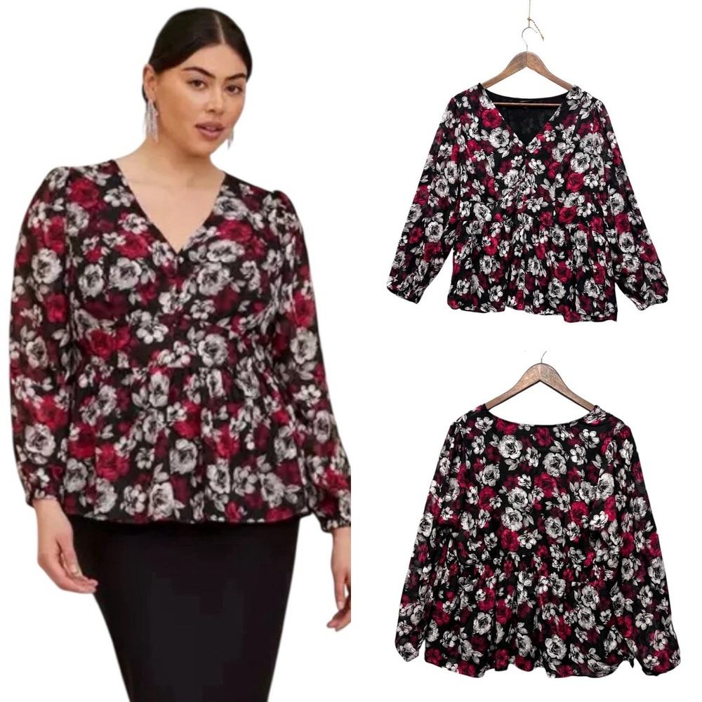 Torrid Womens Plus Size 2X Peplum Baby Doll Top Floral V‎ Neck Smock Back Blouse